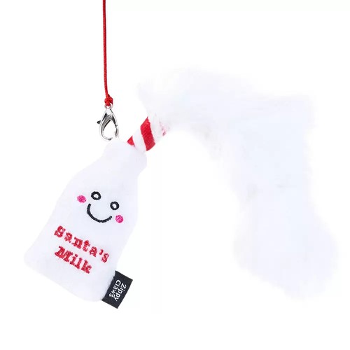 Wit flesje Santa's Milk met pluizige staart voor de kattenhengel