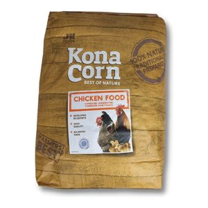 Zak van 18 kg KonaCorn Sojavrije Scharrelkorrel met etiket en samenstelling