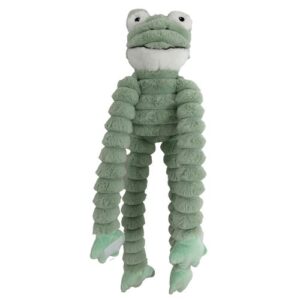 Pluche corduroy kikker hondenspeeltje met extra lange armen en benen en ingebouwde pieper