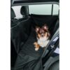 Border Collie liggend op Trixie auto-beschermdeken op achterbank, aanzicht vanuit open zijdeur