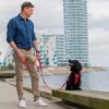 DOG Copenhagen Urban Classic hondenlijn rood – man loopt met zwarte Cocker Spaniel op kade in stedelijke omgeving