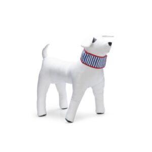 Beeztees Stripeze koelhalsband in blauw wit gestreept met rode rand om de nek van een witte hond