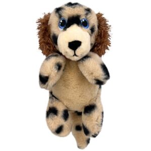 KONG Comfort Pups Spot detailfoto – krakende verpakking en pluche speelgoed hond