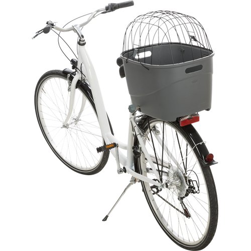 Trixie hondenfietsmand grijs op bagagedrager witte stadsfiets, zijaanzicht