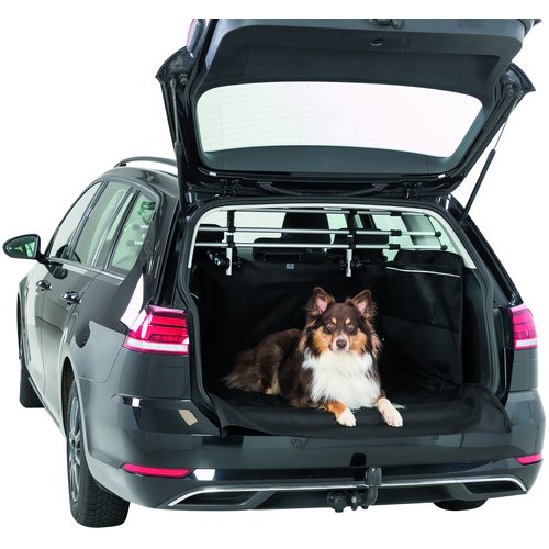 Border Collie liggend op Trixie kofferbak beschermdeken in open kofferbak stationwagen, schuine opname
