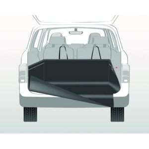 Illustratie Trixie kofferbak beschermdeken met bumperbescherming in SUV, bevestiging via gordels aan hoofdsteunen