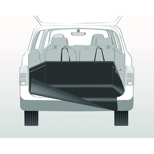 Illustratie Trixie kofferbak beschermdeken met bumperbescherming in SUV, bevestiging via gordels aan hoofdsteunen