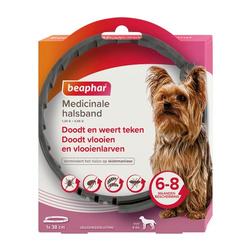 Beaphar Medicinale halsband voor honden tot 8 kg in verpakking met hond