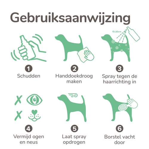 Gebruiksaanwijzing Beaphar Natte Hond Spray in zes stappen, van schudden tot vacht doorborstelen