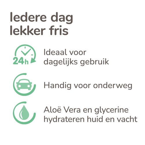 Voordelen van Beaphar Natte Hond Spray: geschikt voor dagelijks gebruik, handig voor onderweg en met aloë vera en glycerine