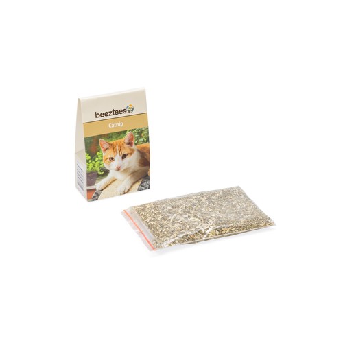Beeztees doosje kattenkruid van 20 gram met hersluitbaar zakje gedroogde catnip ernaast