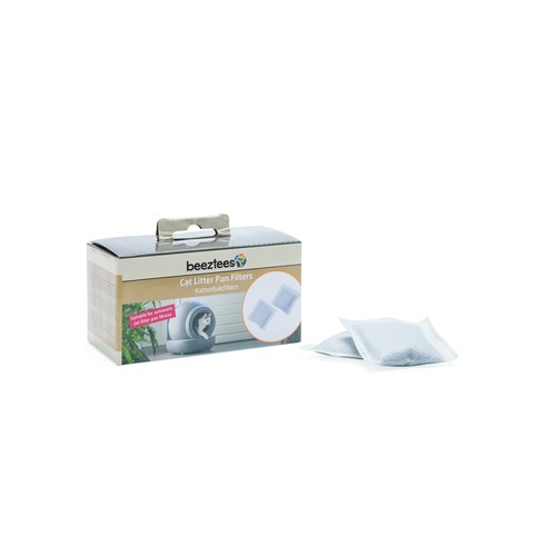 Beeztees kattenbak filter Moeza verpakking met twee losse koolstoffilters ernaast