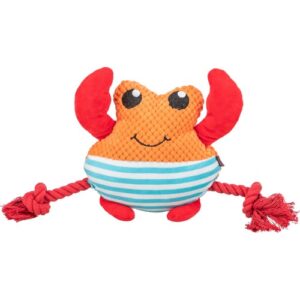 Pluche hondenspeeltje krab met oranje kop, gestreepte buik en rode touwarmen, vooraanzicht