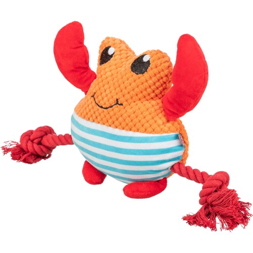 Pluche krab hondenspeeltje met pieper en touwarmen, zijaanzicht