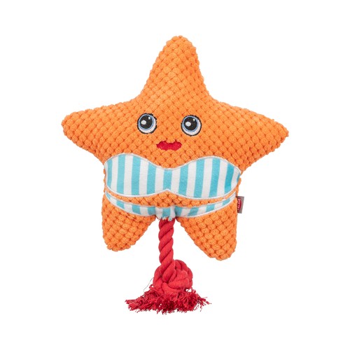 Oranje pluche zeester hondenspeeltje met gestreepte buik en rood touw