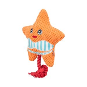 Zeester hondenspeeltje van pluche met touw van opzij, oranje met blauwe strepen