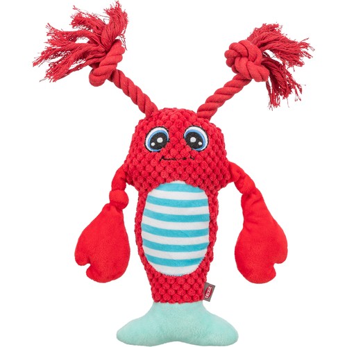 Pluche kreeft hondenspeeltje in rood met touwsprieten en blauw-wit gestreepte buik