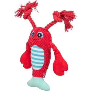 Rode pluche kreeft voor honden met zachte scharen, pieper en turquoise staart