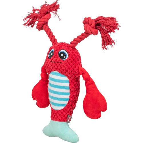 Rode pluche kreeft voor honden met zachte scharen, pieper en turquoise staart