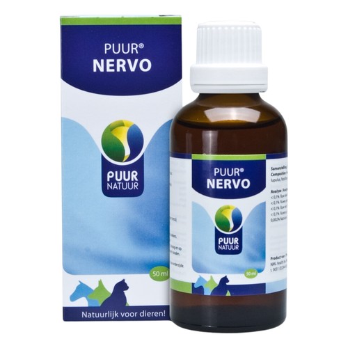 PUUR Nervo 50 ml flesje en doosje, rustgevende druppels voor hond, kat en paard