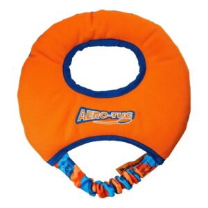 Oranje Aero-Tug hondenfrisbee met blauwe rand en elastisch handvat