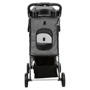 Hondenbuggy van achteren met dichtgeritste achterklep en gaas voor frisse lucht