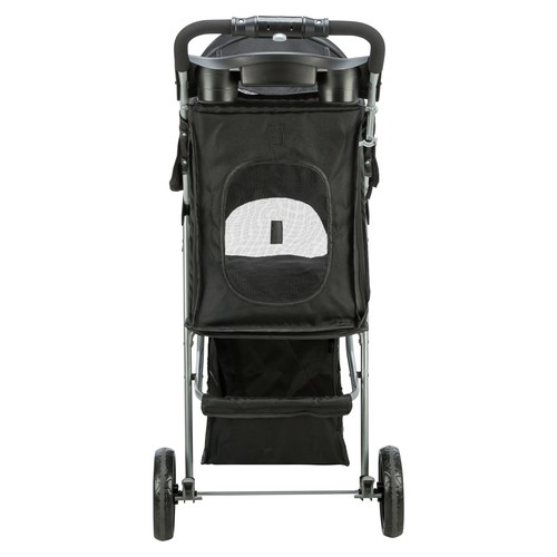 Achterkant van de hondenbuggy met duwstang, tray en dichtgeritst gaasvenster