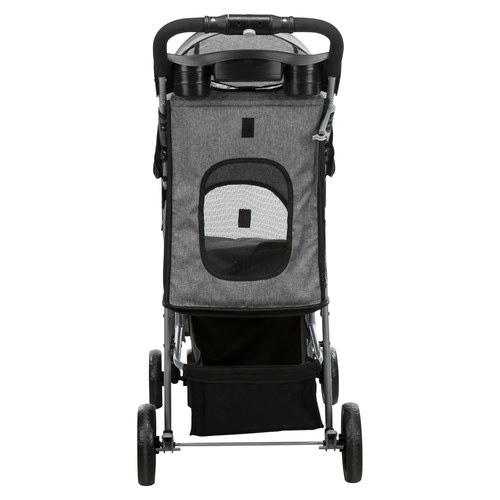 Hondenbuggy van achteren met dichtgeritste achterklep en gaas voor frisse lucht