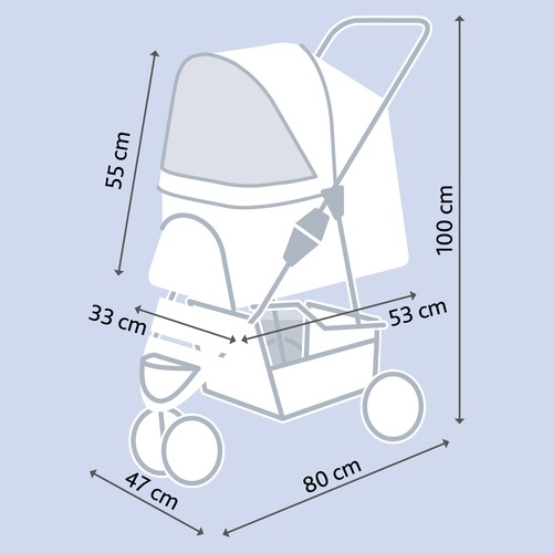 Maten van de hondenbuggy: 47 cm breed, 80 cm lang, 100 cm hoog, binnenin 33 x 53 x 55 cm