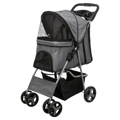 Grijze hondenbuggy met 4 wielen van Trixie, zijaanzicht met kap dicht en mandje onderin