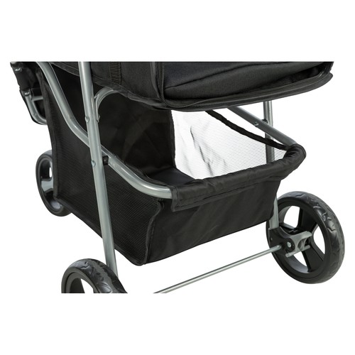 Mandje onder de hondenbuggy voor de riem, het drinkflesje en de rest