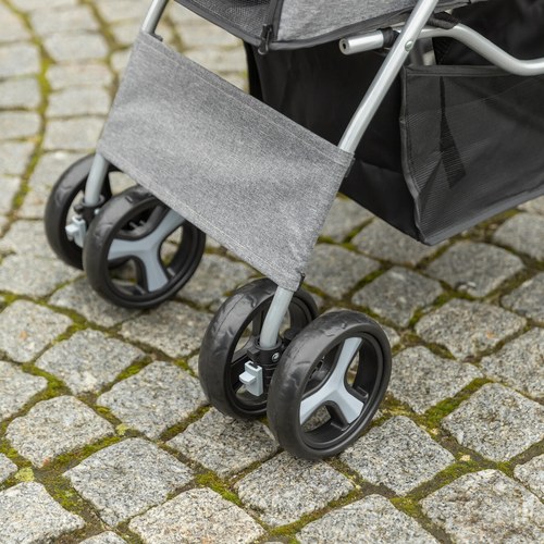 Hondenbuggy met 4 wielen op de klinkers, met dubbele voorwielen