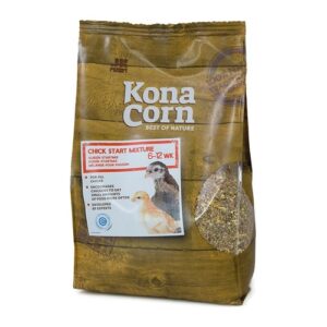 Zak KonaCorn Kuikenstartmix kuikenvoer 6-12 weken van 1,8 kg met venster waarachter de zadenmix zichtbaar is