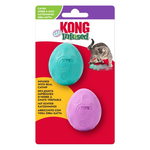 KONG Infused catnip ei in verpakking met een turquoise en een lila ei