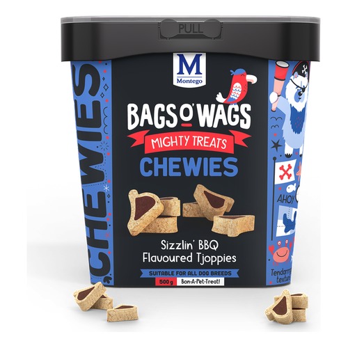 Emmer Montego Bags o' Wags Chewies BBQ Tjoppies 500 gram met zachte hondensnoepjes in de vorm van een karbonaatje