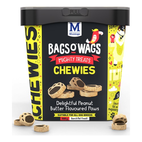 Pot Montego Bags o' Wags Chewies van 500 gram, zachte hondenkoekjes met pindakaassmaak in pootjesvorm