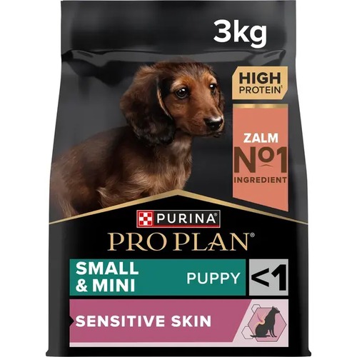 Vooraanzicht van de zak Pro Plan puppybrokjes met zalm, OPTIDERMA formule voor een gevoelige huid