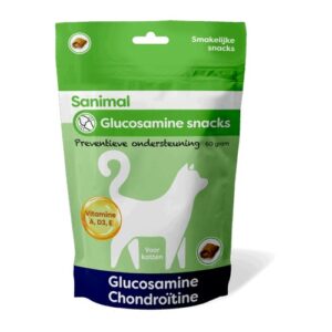 Verpakking Sanimal Glucosamine snacks kat 60 gram met glucosamine en chondroitine
