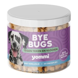 Pot Yommi Bye Bugs met 60 snoepjes voor honden in het teken- en vlooienseizoen