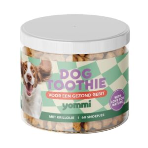 Pot Yommi Dog Toothie met 60 snoepjes voor de gebitsverzorging van je hond