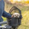 Kleine hond kijkt vrolijk uit de hondenfietsmand achterop