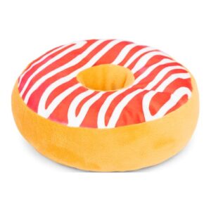 Beeztees Donut XL Framboos, donut hondenknuffel met rode glazuurlaag en witte strepen