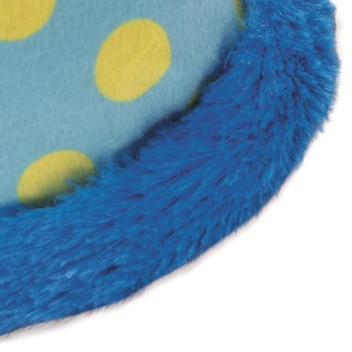 Detail van de zachte donkerblauwe pluche rand onderaan de feestmuts