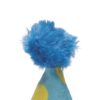 Detail van de donkerblauwe pluche pompon op de punt van de feestmuts