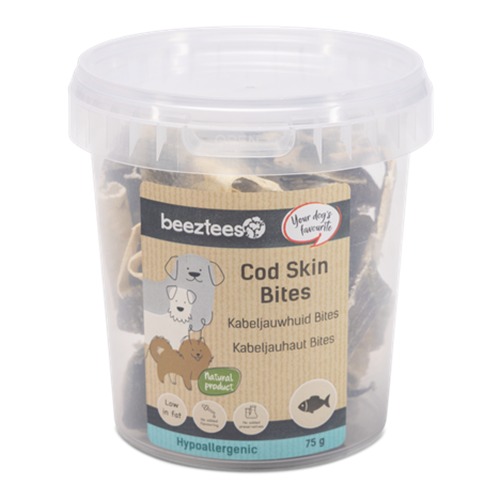 Doorzichtig bewaarpotje Beeztees Cod Skin Bites met deksel, 75 gram