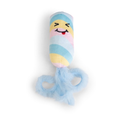 Gestreept pluche spekje uit de kattenspeelgoed set met blauwe veertjes