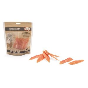 Zak Beeztees Kippenborstfilets 400 gram met losse gedroogde kippenborstfilets ernaast