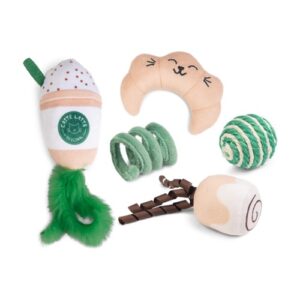 Beeztees koffie kattenspeelgoed set met latte beker, croissant, springveertje, kaneelbroodje en balletje