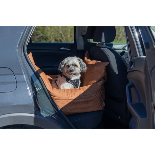 Hond zittend in de cognackleurige hondenautostoel op de achterbank van de auto