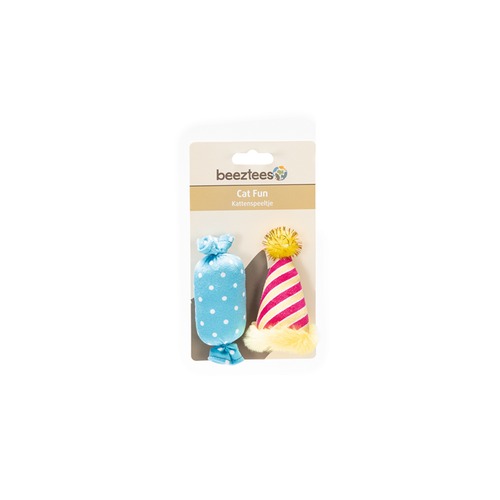 Verpakking van Beeztees Cat Fun kattenspeelgoed feestmuts en snoep